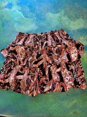 Anthropologie Smocked Paisley Mini Skirt in Black and Coral Tones